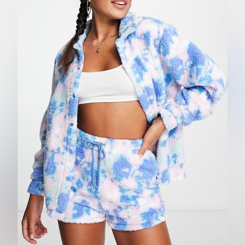 ASOS DESIGN lounge tie dye teddy borg shirt & short set in purple & blue